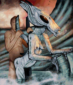 alien_planet black_eyes breasts duo female horror_(theme) male male/female sex standing standing_sex teratophilia xenophilia lost-wanderer alien alien_humanoid biomechanical human humanoid mammal monster unknown_species absurd_res hi_res