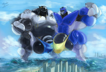abs balls belly big_bulge big_muscles big_nipples big_pecs blue_clothing blue_underwear bulge clothed clothing dreadlocks duo flexing flexing_bicep genitals huge_bulge huge_muscles huge_pecs hyper hyper_bulge hyper_muscles ineffective_underwear machine macro male musclegut muscular muscular_arms muscular_male nipples pecs piercing sea standing underwear underwear_only water yellow_clothing yellow_underwear drakei bungie destiny_(series) citadel_(jikrana) zepho exo humanoid robot robot_humanoid hi_res