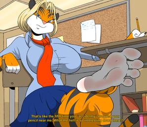 4_toes 5_fingers anthro barefoot big_breasts big_feet biped black_body black_fur black_tail blonde_hair blue_bottomwear blue_clothing blue_dress_shirt blue_eyes blue_shirt blue_skirt blue_topwear blush body_blush book bookshelf bottomwear breasts caption chair classroom clothed clothing collared_shirt crossed_legs desk dipstick_tail dress_shirt feet female fingers foot_blush foot_focus front_view frown fur furniture hair holding_object holding_pencil holding_writing_utensil humanoid_feet inside markings multicolored_body multicolored_fur necktie on_chair orange_body orange_fur orange_tail pencil_(object) pink_nose plantigrade red_clothing red_necktie school shirt sitting sitting_on_chair skirt soles solo striped_body striped_fur striped_markings striped_tail stripes table tail tail_markings text toes topwear two_tone_tail uniform white_body white_fur white_soles writing_utensil conditional_dnp zp92 felid mammal pantherine tiger 2016 digital_media_(artwork) english_text hi_res