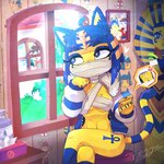 1:1 2020 animal_crossing ankh ankha_(animal_crossing) anthro anthro_focus bandage bandaged_chest bandaged_face bandaged_neck bangs blue_ears blue_eyes blue_hair blue_inner_ear_fluff bob_cut bottomless breasts cellphone clothed clothing crossed_legs detailed_background duo electronics felid feline female female_focus fur_trim_(clothing) grass hair hand_on_butt heart_symbol hi_res holding_cellphone holding_object holding_phone human inner_ear_fluff inside jacket male mammal markings mask mole_(marking) nintendo open_mouth panteon013 phone photo pictographics picture_in_picture plant sexting signature sitting solo_focus speech_bubble striped_markings striped_tail stripes surprise tail tail_markings texting topwear tuft uraeus villager_(animal_crossing) window yellow_body yellow_inner_ear