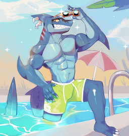 anthro biceps claws clothing fin fin_piercing furgonomic_piercing furgonomics gills male muscular muscular_anthro pecs piercing shark_tail sharp_teeth shirtless shirtless_anthro shirtless_male solo swimwear teeth fungiderg dungeons_of_aether rivals_of_aether slade_(dungeons_of_aether) aquatic fish shark absurd_res hi_res
