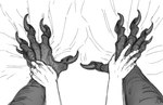 5_fingers ambiguous_form big_claws black_claws claws curved_claws duo finger_claws fingers hand_focus hand_holding hand_size_difference humanoid_hands interlocked_fingers size_difference teratophilia ajelo ambiguous_species scalie unknown_species black_and_white hi_res monochrome