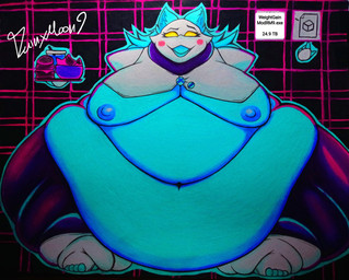 anthro areola belly big_belly big_breasts big_butt blue_body blue_tail blush breasts butt clothed clothing female floating_hands footwear front_view huge_belly huge_breasts hyper hyper_belly knee_highs knee_socks legwear machine morbidly_obese morbidly_obese_anthro morbidly_obese_female navel nipples obese obese_anthro obese_female overweight overweight_anthro overweight_female partially_clothed paws simple_background socks solo tail thick_thighs wide_hips rainymoon9 deltarune undertale_(series) tasque_manager darkner felid feline mammal robot absurd_res hi_res traditional_media_(artwork)