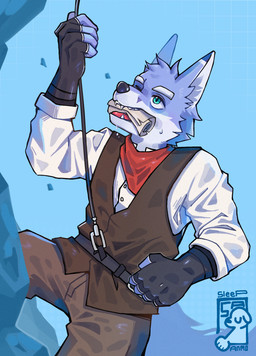 anthro belt blue_body blue_fur bottomwear climbing climbing_rope clothing fingerless_gloves fur gloves green_eyes handwear kerchief looking_up male male_anthro map object_in_mouth pants shirt solo tail topwear treasure_map vest white_body white_fur sleepanmo aethylwyne canid canine fox mammal absurd_res hi_res