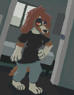 anthro bed black_clothing black_shirt black_t-shirt black_topwear brown_body brown_fur clothing detailed_background female fur furniture inside red_eyes shirt solo t-shirt tomboy toony topwear window demensa bird_dog canid canine canis cocker_spaniel domestic_dog hunting_dog mammal spaniel 2025 digital_media_(artwork) hi_res pixel_(artwork)