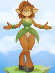 4_fingers anthro breasts brown_body brown_fur brown_hair clothing collarbone crossed_legs eyebrows eyelashes female fingers fur green_eyes grin hair hooves leaf_clothing looking_at_viewer smile solo tan_body tan_fur unguligrade wide_hips wristband momo-the-bunny activision spyro_the_dragon elora faun_(spyro) mammal 2025 absurd_res hi_res