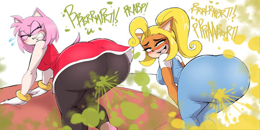anthro bent_over big_butt blonde_hair blush bodily_fluids bottomwear breasts butt clenched_teeth clothed clothing cross-eyed duo embarrassed eye_roll eyes_closed fart fart_cloud fart_fetish farting_at_viewer female female_farting green_fart_cloud hair half-closed_eyes happy leggings legwear looking_pleasured narrowed_eyes onomatopoeia open_mouth open_smile overalls pink_hair ponytail rear_view relieved simple_background skirt smile sound_effects straining sweat tail teeth text tight_clothing tight_overalls white_background wide_hips yellow_fart_cloud zeeny activision crash_bandicoot_(series) sega sonic_the_hedgehog_(series) amy_rose coco_bandicoot bandicoot eulipotyphlan hedgehog mammal marsupial 2025 archived_source hi_res unavailable_at_source