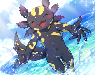 5_fingers ambiguous_gender anthro black_body cloud eyes_closed fangs featureless_crotch fingers happy nude_ambiguous open_mouth sea sky solo spread_arms tail teeth tongue water wet wet_body yellow_body young young_ambiguous young_anthro kochi662368621 epic_games fortnite axo_(fortnite) amphibian axolotl marine mole_salamander salamander 2023 hi_res male_(lore)