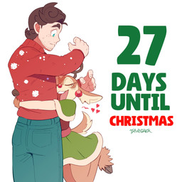 anthro antlers bottomwear brown_body brown_fur clothed clothing duo eyelashes eyes_closed female fur heart_symbol holidays horn hug inner_ear_fluff larger_human larger_male male one_leg_up open_mouth open_smile pants raised_leg simple_background size_difference smaller_anthro smaller_female smile tan_body tan_fur text topwear tuft white_background drawligator christmas renata_(drawligator) deer human mammal new_world_deer reindeer 2025 english_text hi_res