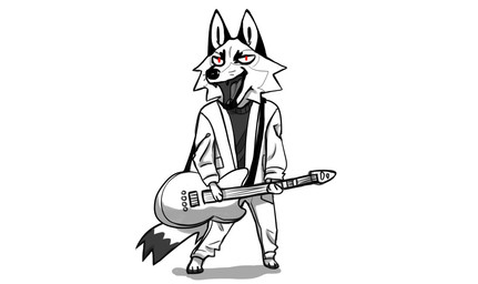 anthro bottomwear cheek_tuft clothing dipstick_tail electric_guitar facial_tuft fangs front_view fur grey_tongue guitar holding_guitar holding_musical_instrument holding_object looking_at_viewer male markings musical_instrument open_mouth open_smile pants plucked_string_instrument shadow simple_background smile solo standing string_instrument tail tail_markings teeth tongue topwear tuft unsigned white_background white_body white_bottomwear white_clothing white_fur white_pants white_topwear justkiddinb canid mammal full-length_portrait portrait