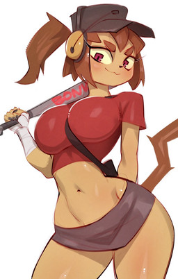 anthro baseball_bat bat_(object) between_breasts big_breasts breasts brown_body brown_hair clothing cosplay crop_top crossover_cosplay electronics eyebrows eyelashes eyewear eyewear_on_head female goggles goggles_on_head hair hat headgear headphones headwear magenta_eyes midriff navel ponytail shirt solo topwear whiskers yellow_sclera johnfoxart gameoverse glitch_productions team_fortress_2 valve kit_bodega scout_(team_fortress_2) domestic_cat felid feline felis mammal 2026 crossover hi_res