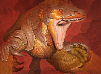 action_pose ambiguous_gender armor brown_body cave claws feathered_wings feathers feet feral headgear helmet looking_at_viewer mouth_shot open_mouth pose red_eyes solo talons teeth toes tongue wings john_tedrick hasbro magic:_the_gathering wizards_of_the_coast dinosaur dromaeosaurid feathered_dinosaur feathered_scalie prehistoric_species reptile saurischian scalie theropod absurd_res hi_res official_art