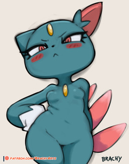 anthro black_nose blue_body blue_fur blush blush_lines breasts chest_gem eyelashes featureless_breasts featureless_crotch female forehead_gem front_view fur gem gloves_(marking) grey_background hand_on_hip looking_at_viewer markings red_eyes simple_background small_breasts solo thick_thighs white_body white_fur wide_hips brachyzoid nintendo pokemon generation_2_pokemon pokemon_(species) sneasel