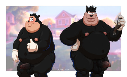 anthro balls belly big_belly big_butt black_balls black_body black_fur black_nose black_penis blush bodily_fluids buckteeth butt cleft_chin clock clothing duo foreskin fur genitals gesture glans gloves hand_gesture handwear holding_object humanoid_genitalia humanoid_penis lips looking_at_viewer love_handles male moobs navel nipples nude overweight overweight_anthro overweight_male penis pink_glans pink_nipples sweat teeth thick_lips thumbs_up tight_foreskin unretracted_foreskin watch white_clothing white_gloves white_handwear wristwatch lovkuma disney goof_troop pete_(disney) peter_pete_sr. pj_(goof_troop) felid feline mammal 2026 hi_res father_(lore) father_and_child_(lore) father_and_son_(lore) parent_(lore) parent_and_child_(lore) parent_and_son_(lore) son_(lore)