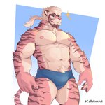 anthro beard clothed clothing facial_hair fur hair male nipples pecs pink_body pink_fur ponytail pubes smile solo speedo speedo_only swimwear topless coffeline felid mammal pantherine tiger 1:1