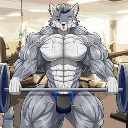 anthro big_muscles bodily_fluids bulge clothed clothing ear_piercing exercise facial_piercing huge_muscles hyper hyper_muscles looking_at_viewer male monacle muscular muscular_male nose_piercing piercing solo striated_muscles sweat thong thong_only topless underwear underwear_only vein veiny_muscles weightlifting workout taiko-sihori canid canine canis mammal wolf 1:1 hi_res