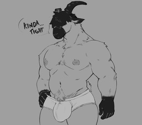 broken_horn bulge clothing dialogue fur hair horn male muscular muscular_male navel nipples obscured_eyes simple_background solo underwear munsshy gura_(mucknagabe) bovid caprine goat mammal absurd_res digital_drawing_(artwork) digital_media_(artwork) hi_res monochrome