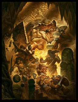 ambiguous_gender axe beard blocking boots brown_hair chain claws clothing destruction detailed_background door facial_hair footwear group hair hat headgear headwear holding_axe holding_melee_weapon holding_object holding_shield holding_sword holding_weapon horn male melee_weapon muscular muscular_male open_mouth red_body red_scales robe scabbard scales sculpture sharp_teeth shield shoes smoke smoke_from_nose statue sword teeth weapon white_hair wizard_hat justin_gerard mythology dragon dwarf human humanoid mammal mythological_creature mythological_scalie scalie 2014 hi_res