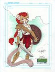 anthro armor breasts clothed clothing female hair holding_melee_weapon holding_object holding_sword holding_weapon long_hair melee_weapon red_eyes red_hair shield solo sword weapon j3t felid mammal