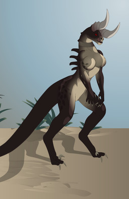 breasts claws desert digitigrade featureless_breasts featureless_crotch female horn solo tongue ryxinel fallout microsoft deathclaw scalie 2018 absurd_res hi_res