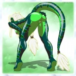 anthro bent_over biped breasts butt feet female genitals green_body green_scales hair hanging_breasts hindpaw looking_back nipples non-mammal_breasts non-mammal_nipples nude paws presenting presenting_hindquarters pussy scales solo standing tail white_hair raeffe lizard reptile scalie 1:1 hi_res