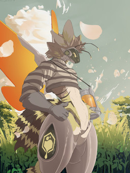 antennae_(anatomy) anthro clothed clothing container detailed_background fur grass green_body green_fur grey_body grey_fur machine male markings multi_ear partially_clothed plant sky solo striped_markings striped_tail stripes tail tail_markings tree visor wings 0grapheneheart0 arthropod bee hybrid hymenopteran insect protogen 3:4 absurd_res hi_res