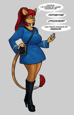 anthro big_breasts boots breasts brown_body brown_fur clothing dialogue eyebrows eyelashes female footwear fur hair high_heeled_boots high_heels holding_object ponytail pupils red_hair shoes slit_pupils solo starfleet_uniform tail tail_tuft tan_body tan_fur text tuft uniform wide_hips yellow_sclera blazbaros star_trek caitian felid mammal 2026 9:14 english_text hi_res