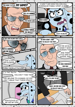 black_spots elderly_male female feral fur green_eyes grey_hair hair male speech_bubble spots white_body white_fur redundantmodule 101_dalmatian_street 101_dalmatians disney alfred_bright delilah_(101_dalmatians) canid canine canis dalmatian domestic_dog human mammal comic hi_res