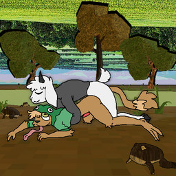 anal anal_penetration anthro bodily_fluids bottomless clothed clothing cum cum_drip doggystyle dripping duo frog_hood from_behind_position genital_fluids horn long_tongue lying male male/male on_front on_ground outside outside_sex penetration plant sex shirt shirt_only tongue tongue_out topwear topwear_only tree yellow_eyes vapor_towers jules_hopper_(vapor_towers) amphibian bovid canid canine caprine frog goat mammal toad_(frog) 3d_(artwork) animated digital_drawing_(artwork) digital_media_(artwork) mixed_media