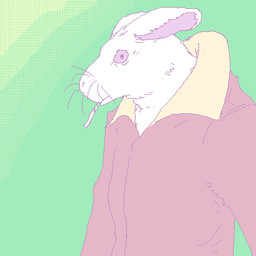 ambiguous_gender anthro cigarette cigarette_in_mouth clothed clothing front_view fur green_background jacket looking_at_viewer mouth_closed object_in_mouth pupils red_clothing red_eyes red_jacket red_topwear simple_background snout solo three-quarter_view topwear whiskers white_body white_fur 4chan_anon lagomorph leporid mammal rabbit 1:1 2025 aliasing binary_drawing digital_drawing_(artwork) digital_media_(artwork) dithering flat_colors half-length_portrait low_res oekaki portrait tegaki_(artwork)