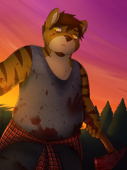 angry anthro axe blood bodily_fluids clothed clothing countershading death forest looking_at_viewer male melee_weapon muscular muscular_anthro muscular_male outside overweight overweight_anthro overweight_male plant shirt slightly_chubby slightly_chubby_male solo topwear tree weapon mytigertail gabe_(mytigertail) felid mammal pantherine tiger 2016 3:4 digital_media_(artwork) hi_res
