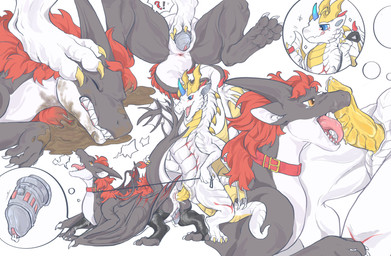 anthro anus bdsm black_body bodily_fluids chastity_cage chastity_device chibi clenched_teeth collar defeat duo erection eyes_closed feet feral flaccid foot_on_face genital_fluids genitals hair licking licking_lips male male/male mud on_hind_legs open_mouth oral penile penis penis_lick precum red_hair ridged_penis sex simple_background smile smirk spread_legs spreading tail tail_grab teeth tongue tongue_out white_background white_body wings yellow_penis sizikacn mythology dragon mythological_creature mythological_scalie scalie absurd_res hi_res multiple_scenes