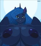 2021 animated anthro anthrofied areola big_areola big_breasts blue_body blue_fur blue_hair blush bouncing_breasts breast_jiggle breasts conditional_dnp cosmic_hair curvy_figure digital_media_(artwork) equid equine ethereal_hair evov1 eyebrows eyelashes eyeshadow feathered_wings feathers female first_person_view friendship_is_magic front_view fur hair hasbro hi_res horn horse huge_breasts jiggling looking_at_viewer makeup mammal my_little_pony mythological_creature mythological_equine mythology nipples nude pony princess_luna_(mlp) short_playtime simple_background smile solo teal_eyes teeth voluptuous winged_unicorn wings
