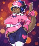 abstract_background accessory anthro bag belly belt big_belly boots bottomwear brown_body camel_toe clothing female footwear furgonomics hair hand_on_butt hat headgear headwear heart_symbol legwear pants pink_clothing pink_shirt pink_topwear pose pregnant pregnant_female purple_bottomwear purple_clothing purple_hair purple_pants shirt shoes smile smiling_at_viewer solo tail tail_accessory tail_bag thigh_boots thigh_highs tight_clothing tongue tongue_out topwear uniform white_boots white_clothing white_footwear nyxai wildegems cherryblossomgames mythology brittany_sweetbottom dragon mythological_creature mythological_scalie scalie hi_res pinup portrait three-quarter_portrait