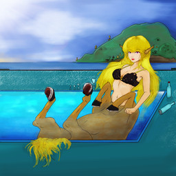 blonde_hair bra brown_body brown_fur clothing female fur hair long_hair poolside purple_eyes sea solo underwear water bo4a european_mythology greek_mythology mythology centaur equid equid_taur equine horse humanoid_taur mammal mammal_taur taur 1:1 hi_res