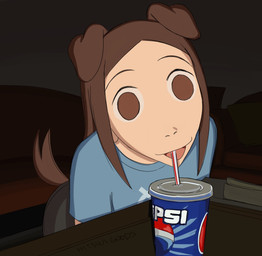 black_bottomwear black_clothing black_pants blue_clothing blue_shirt blue_topwear bottomwear brown_ears brown_eyes brown_hair brown_tail clothing desk drinking female furniture hair looking_at_viewer open_mouth pants shirt sofa solo table tail topwear hitsujigoods funny_dog_eat_a_pepsi pepsi vhs_inumoto animal_humanoid canid canid_humanoid canine canine_humanoid dog_humanoid humanoid mammal mammal_humanoid absurd_res hi_res meme