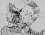 accessory anthro clock clothed clothing cuddling duo ear_piercing eyewear fingerless_gloves furgonomics gloves goggles handwear jewelry male piercing ring romantic romantic_couple simple_background tail tail_accessory tail_jewelry tail_ring watch daelyhelaxon canid canine canis felid mammal wolf greyscale monochrome