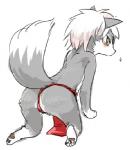 all_fours ambiguous_gender anthro blush butt feet fur grey_body grey_fur hair hindpaw japanese kemono looking_back multicolored_hair paws raised_tail simple_background solo tail two_tone_hair white_background white_body white_fur white_hair yellow_eyes 1boshi canid canine fox mammal low_res