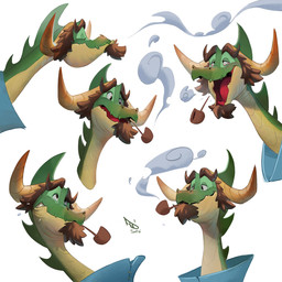 2_horns ambiguous_form black_eyes blowing_smoke blue_clothing blue_topwear bodily_fluids brown_eyebrows brown_facial_hair brown_goatee brown_hair clothed clothed_male clothing content curved_horn eyebrows facial_hair goatee green_body green_scales green_spines grey_sclera hair half-closed_eyes happy horn male multicolored_body multicolored_scales narrowed_eyes object_in_mouth open_mouth open_smile red_tongue scales simple_background smile smoke smoking smoking_pipe smoking_pipe_in_mouth solo sweat sweatdrop tan_horn thick_eyebrows tongue topwear two_tone_body two_tone_scales white_background yellow_body yellow_scales federico_maria_cugliari european_mythology mythology gilberto_(federico_maria_cugliari) dragon mythological_creature mythological_scalie scalie western_dragon 1:1 2024 adobe_photoshop_(artwork) colored digital_drawing_(artwork) digital_media_(artwork) english_description expression_sheet hi_res shaded signature