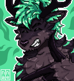 anthro antlers black_body black_eyebrows black_fur chest_tuft eyebrows eyes_closed fur green_background green_body green_fur green_hair hair horn inner_ear_fluff logo male outline simple_background smile smirk solo tuft white_outline nanethedeer nane_(nanethedeer) deer mammal 2026 artist_logo digital_media_(artwork) hi_res pixel_(artwork)