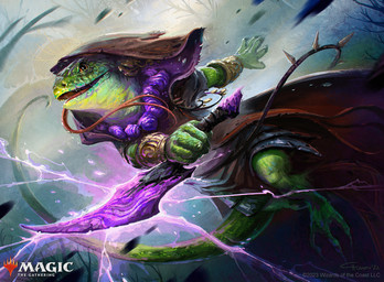 3_toes ambiguous_gender anthro claws dagger dutch_angle feet green_body green_scales holding_dagger holding_melee_weapon holding_object holding_weapon hood melee_weapon open_mouth plant scales shrub solo tail text toes weapon hristo_chukov hasbro magic:_the_gathering wizards_of_the_coast reptile scalie 2022 english_text official_art