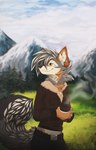 anthro breasts clothed clothing day detailed_background female fur grass grey_body grey_fur grey_hair hair outside plant sky smile solo standing magenta7 fhyra canid canine canis jackal mammal 2022 digital_media_(artwork) hi_res