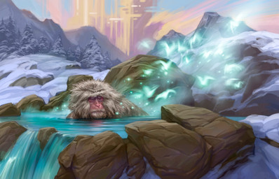 ambiguous_gender bath brown_body brown_fur day eyes_closed feral forest fur hot_spring mountain outside partially_submerged plant snow snow_on_trees solo tree water gabor_szikszai hasbro magic:_the_gathering wizards_of_the_coast haplorhine mammal monkey primate 14:9 absurd_res hi_res official_art