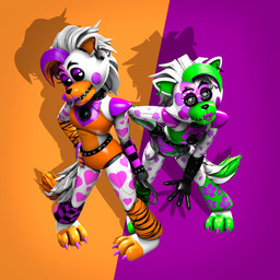 3_toes 4_fingers anthro arm_warmers armwear belt bent_over black_arms black_sclera bottomwear bow_tie checkered checkered_arm_warmers checkered_armwear checkered_clothing checkered_leg_warmers claws clothing collar crop_top duo ear_piercing ear_ring feet female fingers floral_print glistening glistening_body glowing glowing_eyes green_body green_bottomwear green_clothing green_shirt green_shorts green_topwear hair hand_on_hip heart_(marking) hook hook_hand hotpants lips long_hair looking_at_viewer machine markings midriff orange_body orange_clothing orange_shirt orange_topwear pattern_arm_warmers pattern_armwear pattern_clothing piercing purple_bow_tie purple_claws purple_eyelids purple_lips ring_piercing shadow sharp_teeth shirt shorts shoulder_pads striped_arm_warmers striped_armwear striped_clothing stripes studded_belt studded_collar studs tail teeth toes topwear white_body white_eyes white_hair zelyonka five_nights_at_freddy's five_nights_at_freddy's:_security_breach five_nights_at_freddy's_world scottgames steel_wool_studios lolbit_(fnaf) tangle_(fnaf) animatronic canid canine canis mammal robot robot_anthro wolf 2026 3d_(artwork) absurd_res digital_media_(artwork) full-length_portrait hi_res portrait source_filmmaker_(artwork) watermark