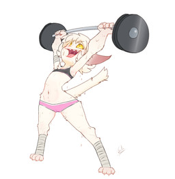 anthro athletic_wear barbell biped black_clothing black_eyes black_shirt black_tank_top black_topwear bodily_fluids bottomwear claws clothing crop_top digitigrade exercise female fur glowing glowing_eyes green_sclera hair holding_object leg_wraps looking_up midriff navel open_mouth pink_bottomwear pink_clothing pink_nose pink_shorts sharp_teeth shirt short_hair shorts simple_background solo sweat tank_top teeth toe_claws tongue topwear weightlifting white_background white_body white_fur white_hair workout wraps galo azila_(galo) domestic_cat felid feline felis mammal 2025 absurd_res hi_res