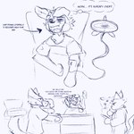 1:1 2024 after_surgery ambiguous_gender anthro black_and_white black_line_art blue_and_white canid canine canis cheek_tuft clothing coat compliment digital_media_(artwork) domestic_dog drugged english_text eyebrows facial_tuft floppy_ears gesture group head_on_pillow hi_res inner_monologue lying male mammal mask medical_instrument monochrome on_back scientific_instrument shirt simple_background snout speech_bubble substance_intoxication surgical_mask tail text thought_bubble topwear trolley tuft under_covers walking waving white_background winterfrost_(artist) winterfrost_(winterfrost)