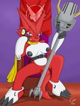 anthro black_nipples blue_eyes breasts chair female furniture genitals nipples pussy red_body smile solo throne overlord_gabriel bandai_namco digimon digimon_xros_wars digimon_(species) shoutmon hi_res