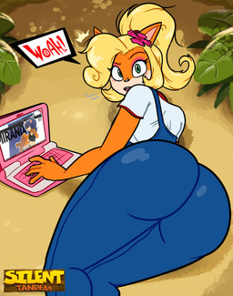 accessory anthro big_butt blue_clothing blue_overalls butt clothing computer dialogue electronics eyelashes eyeshadow female flower flower_in_hair fur green_eyes hair hair_accessory laptop looking_at_viewer looking_back looking_back_at_viewer lying makeup on_side open_mouth orange_body orange_fur overalls pink_eyeshadow plant ponytail rear_view solo speech_bubble tan_body tan_fur text thick_thighs topwear white_clothing white_topwear wide_hips silenttandem activision crash_bandicoot_(series) coco_bandicoot bandicoot mammal marsupial 2020 absurd_res digital_media_(artwork) english_text hi_res