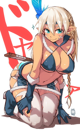 accessory bikini blonde_hair blue_eyes braided_hair breasts clothed clothing ear_piercing feathers female footwear gloves hair handwear headband humanoid_pointy_ears kneeling long_hair looking_at_viewer navel not_furry piercing pointy_ears smile solo swimwear two-piece_swimsuit nekoguchi elf humanoid 2015 hi_res