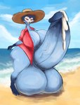 anthro areola balls beach big_balls big_breasts big_butt big_penis blue_areola blue_balls blue_body blue_glans blue_penis bodily_fluids breasts butt clothed clothing cloud cum ejaculation eyebrows front_view genital_fluids genitals glans gynomorph hat headgear headwear huge_balls huge_breasts huge_butt huge_penis hyper hyper_balls hyper_genitalia hyper_penis intersex looking_at_genitalia looking_at_own_penis looking_at_penis looking_at_self open_clothing open_shirt open_topwear outside penis red_clothing red_eyebrows red_sclera red_shirt red_topwear sand sea shirt sky smile solo sun_hat tan_hat tan_headwear thick_thighs topwear vein veiny_penis water white_eyes sergal_mowgli helluva_boss stolas_(helluva_boss) avian bird demon owl owl_demon 2024 colored digital_media_(artwork) hi_res shaded male_(lore)